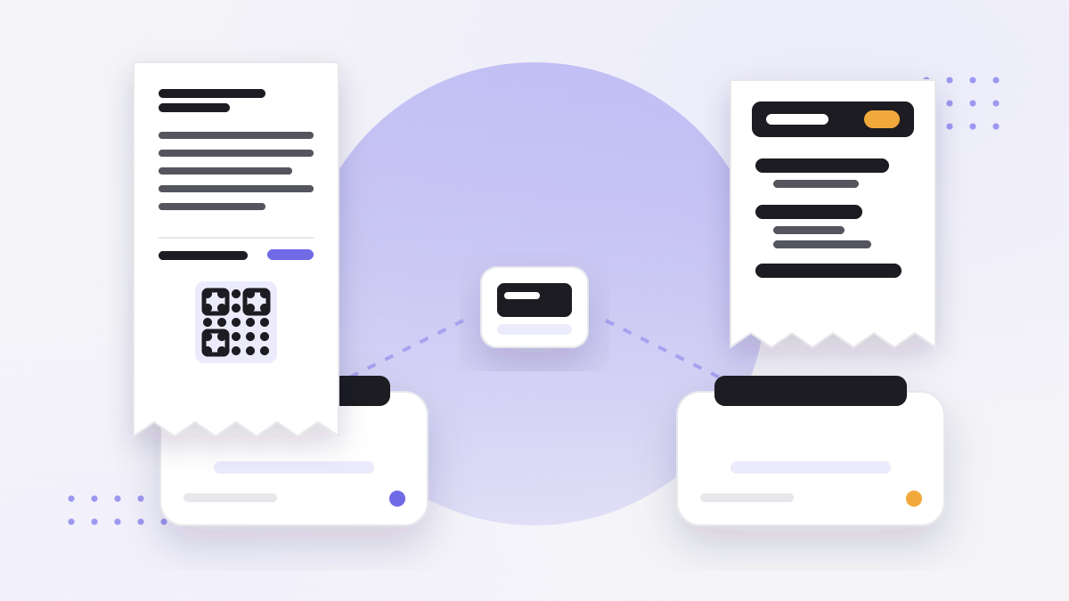 Illustration of a receipt printer and a kitchen ticket printer side by side, a long receipt with a square code at its foot coming out of one and a short three-line ticket out of the other