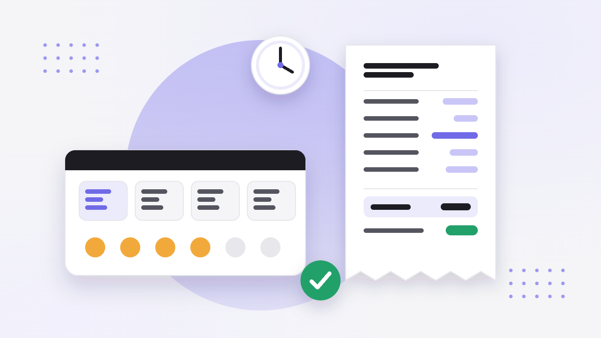 Illustration of an open cash drawer with sorted notes, a printed shift report with a highlighted total line, a clock and a green tick