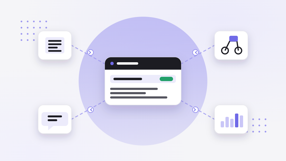 Illustration of a central restaurant system card connected by thin lines to a ledger, a delivery scooter, a chat bubble and a chart