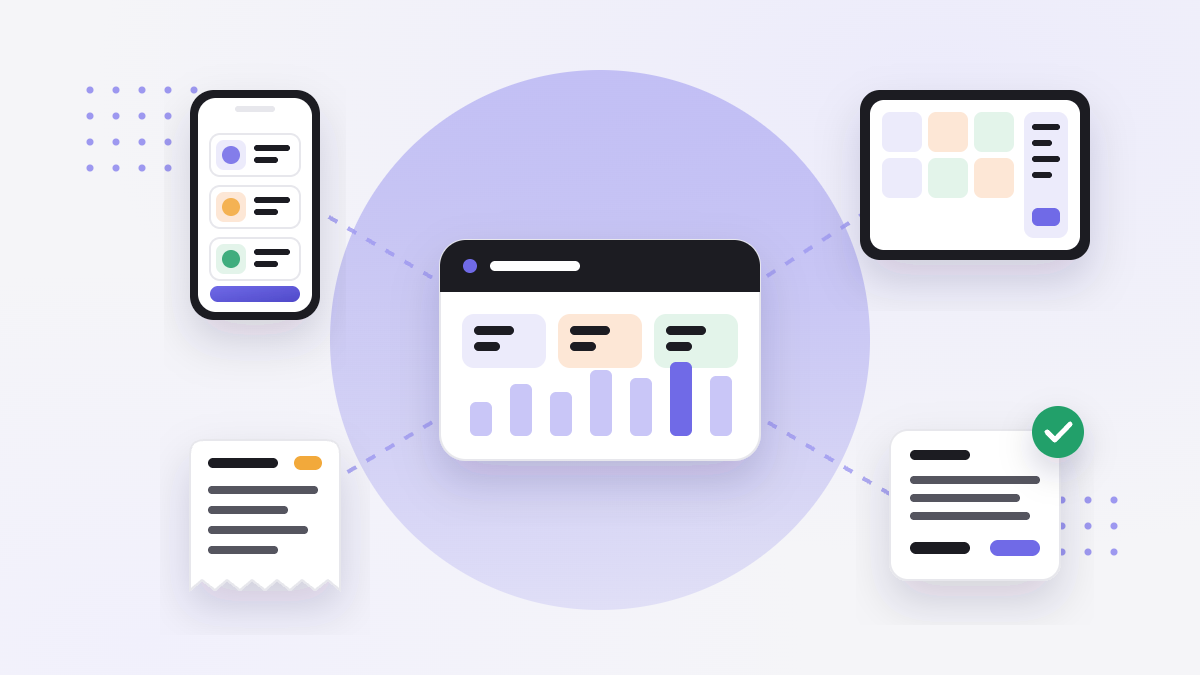 Illustration of a central dashboard connected to a phone menu, a POS tablet, a kitchen ticket and an e-invoice