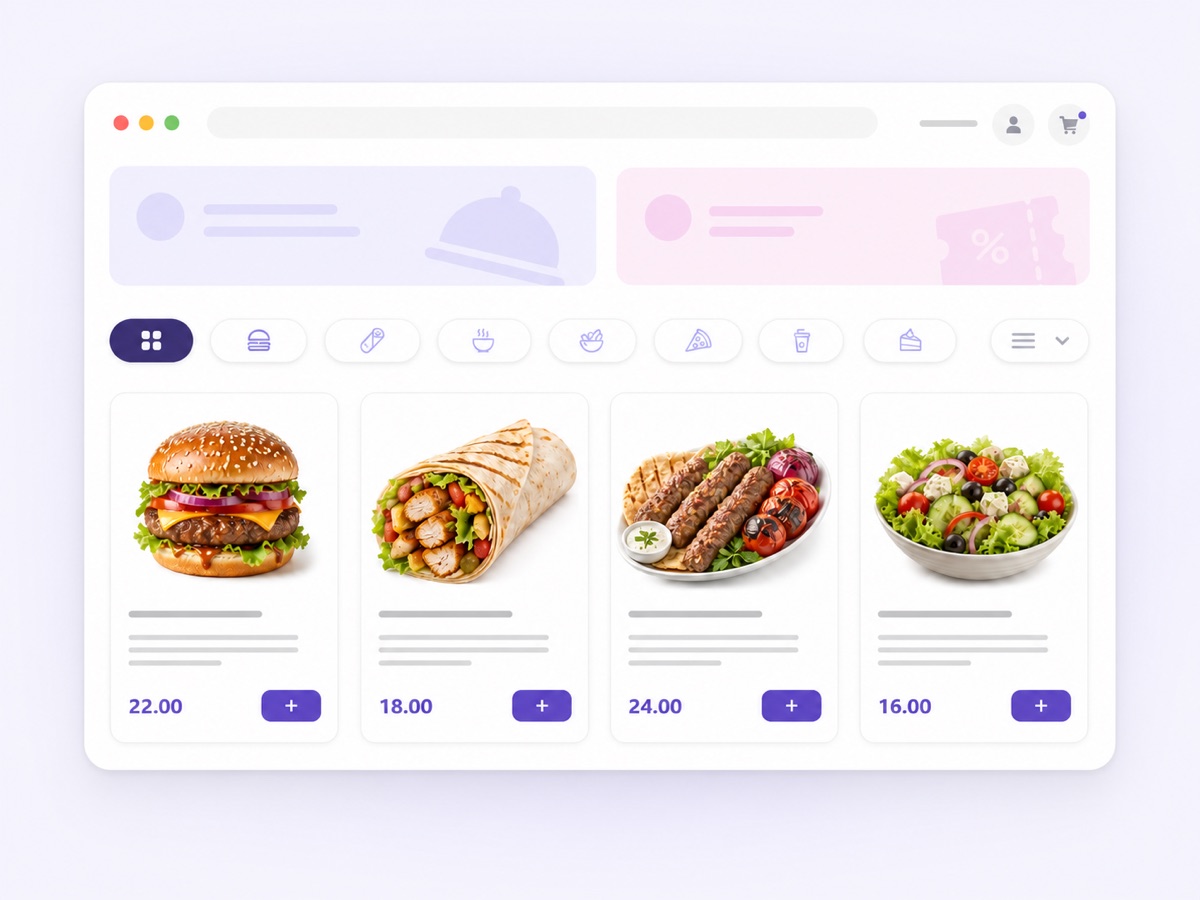 An online restaurant page showing menu categories and food cards