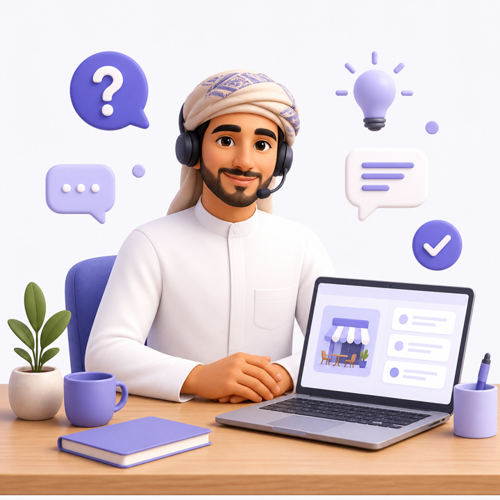 رسم توضيحي لموظف دعم يجيب على الأسئلة