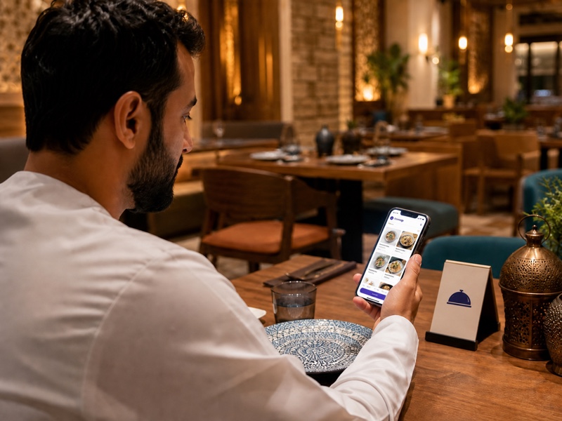 عميل يمسح رمز QR على الطاولة ليطلب من هاتفه