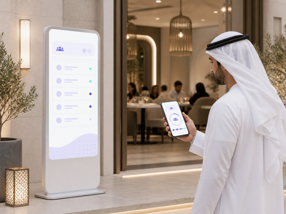 شاشة قائمة الانتظار تعرض الدور والوقت المتوقع